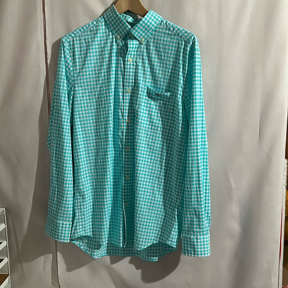 Men’s Vineyard Vines Turquoise Blue Gingham Check Button Down Shirt - Med